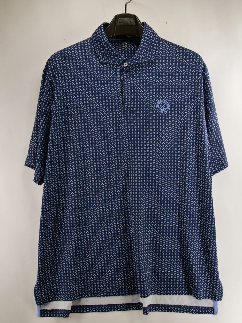 RLX Ralph Lauren Overbrook Golf Club Polo Shirt Mens XL Navy Blue Novelty Print